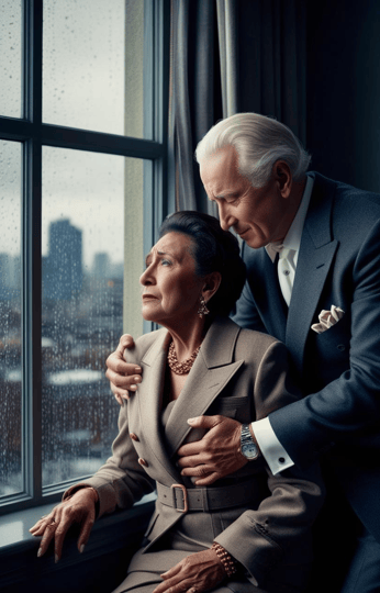 un esposo consuela a su esposa con depresión que mira por una ventana a una ciudad