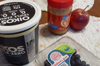 Yogurt and blueberries; peanut butter and apple