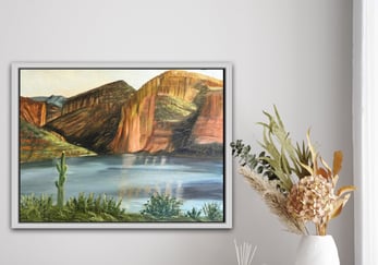 Original oil landscape of Saguaro Lake and desert cliffs