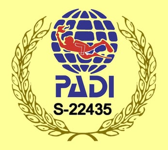 a person in a red shirt is holding a red and white sign that says padi includ the number certificat
