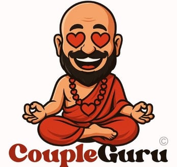 Official logo of coupleguru.com, a guru with a beard and beats smiling with heart eyes meditating.