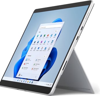 Microsoft Surface Pro 8 in an angled view, showcasing its design with a Windows 11, perfect for business and creative tasks.