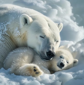 A polar bear with cub sleeping and snuggled close in the snow