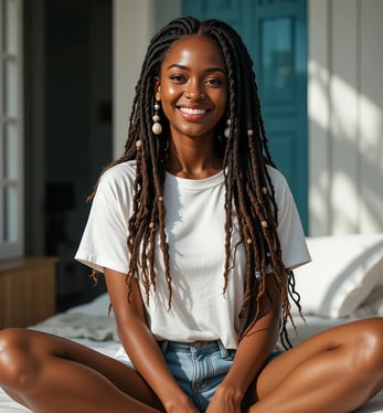 a woman with dreadlocks sitting on a bed