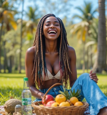 a woman sitting on a blanket in a park