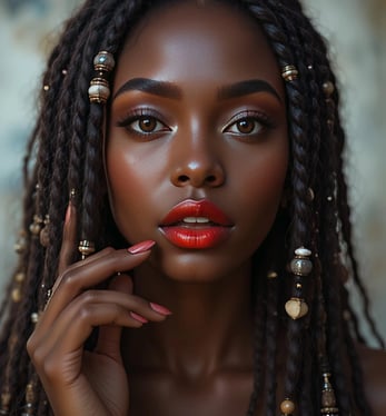 a woman with long hair and red lipstick