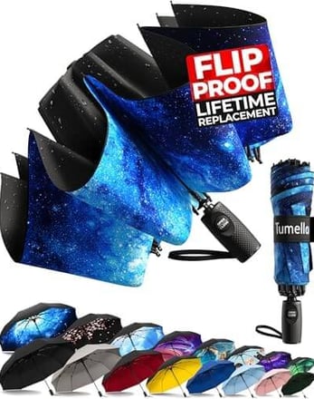 showcase of many designs of Tumella Flip-proof Travel Umbrella