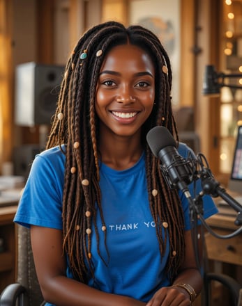 a woman in a blue shirt and a microphone
