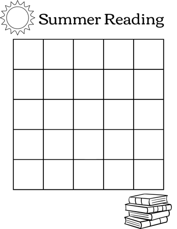A blank bingo sheet headed "Summer Reading" with images of the sun and a stack of books