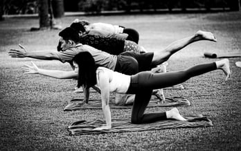 a group of people doing yoga exercises in a park. Langkawi, Malaysia