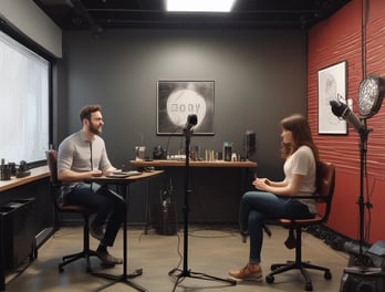 A person wearing headphones is sitting at a desk with a microphone, appearing to communicate or record a podcast. They are using a computer with a monitor displaying a web interface for creating an episode. Other desk items include a keyboard, a desk lamp, and some electronic devices. There's a small potted plant in the background.