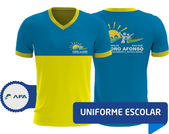camiseta de uniforme escolar com duas cores, metade amarelo e metade azul