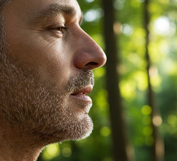 Close-up profile of a man breathing through his nose outdoors - Breathe Balance