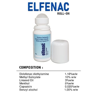 elfenac roll on, pain relief, diclofenac, methyl salicylate, linseed oil, menthol, capsaicin, benzyl