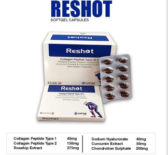 Collagen Peptides type 1, Collagen Peptides type 2, Rosehip Extract, Reshot by Captab Biotec.