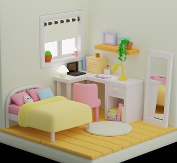 a doll house bedroom with a bed and desk