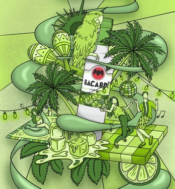 Ilustración para Bacardí, reflejando la esencia de la marca.