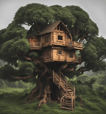 a tree house with a staircase leading to a tree house