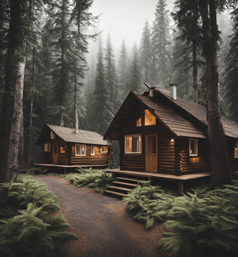 a cabin in the woods with a path leading to the cabin