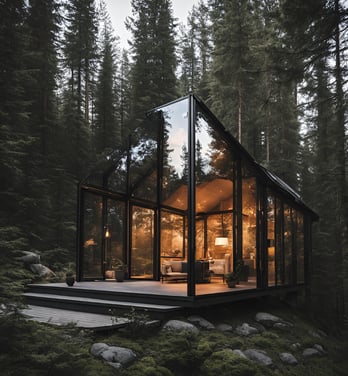 a cabin with a glass cabin on a hill