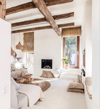 Biophilic interior using wood and natural clay renders Rhodes Greece