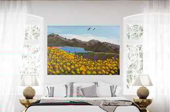 Bold acrylic painting of Bartlett Lake and yellow poppies by Aimee Carlson
