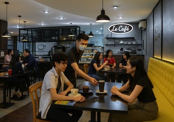 a man and woman sitting at a table with coffee