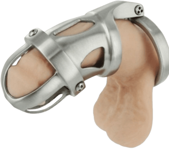 a picture of a steel male chastity cage on a clear background
