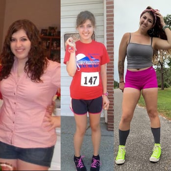 A collage of Rebecca through different stages of her life, detailing how she overcame obesity