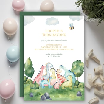 Personalized Watercolor Birthday Invitation For Kids, featuring cute little dinosaurs  