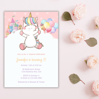 Personalized Birthday Invitation For Kids, featuring cute little magical unicorn, colorful balloons
