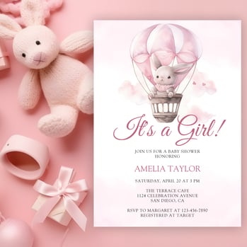 Cute Watercolor Pink Rabbit Girl Baby Shower Invitation
