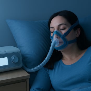 a woman in a blue shirt is sleeping on a pillow