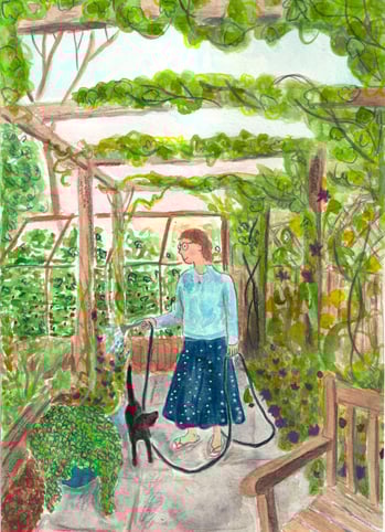 A watercolour, pencil and gouache illustration of a middle aged woman and her dog watering a garden in summer