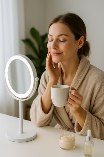 woman enjoying morning wellness routine with tea and skincare
