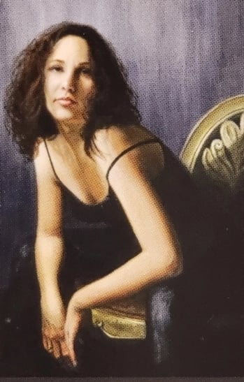 Painting of a Woman leaning forward on a chair, dramatic tone like a symphony crescendo