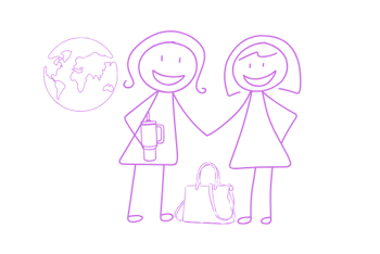 Two female stick figures shaking hands with earth in the sky behind them.