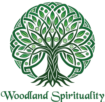 Graphic of a green tree with branches that curve down, with the words "Woodland Spirituality."