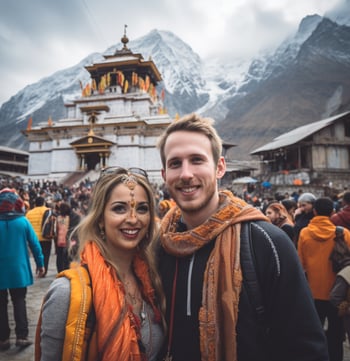 a man and woman in Kedarnath Temple in India