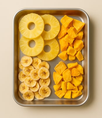 Dehydrated mango, banana, and pineapple on export tray – Royal Market