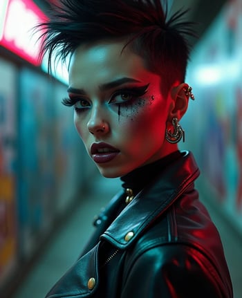 a woman with a black hair and a black leather jacket