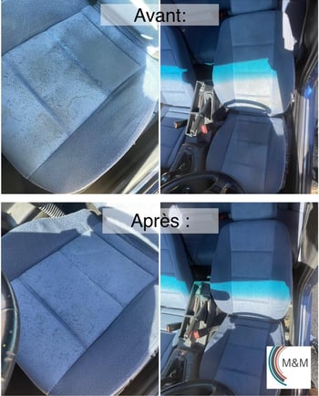 Avant/après du shampouinage des sièges de voiture par M & M Services Pro à Nantes