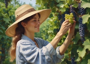 a woman in a straw hat is picking grapes from the vine