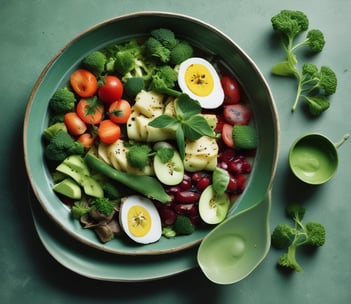 A neatly arranged assortment of healthy foods sits on a green background, including a clear water bottle, a bowl of dark green powder, leafy celery and lettuce, a banana, sliced kiwi, and a green apple.