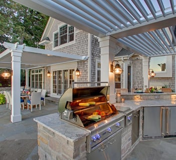 Outdoor kitchen with built-in BBQ and granite finishes installed in Los Altos Hills