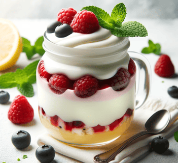 a yogurt dessert with berries and lemonade on a table