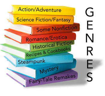 A rainbow stack of books with the genres I edit on the spines