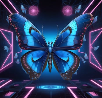 Blue Butterfly with symbols , lines and more butterflies around