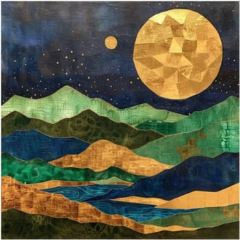 modern abstract painting representing mountains in the night with full moon in navy, emerald & gold