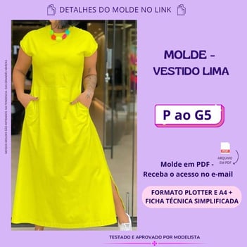 Molde de roupa em pdf - vestido lima plus size manga e comprido com fenda na perna despojado para o verão